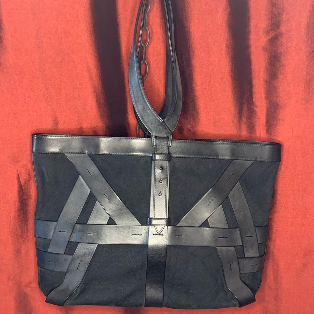Perrin Black Leather Strappy Suede Tote Bag Overnight Shopper